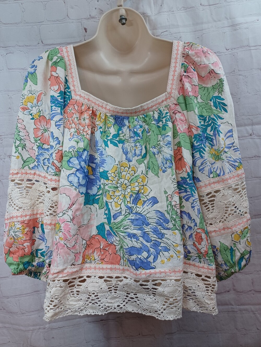 Christian Siriano Multicolor Garden Floral Lace-Trim Peasant Blouse L - Picture 5 of 10